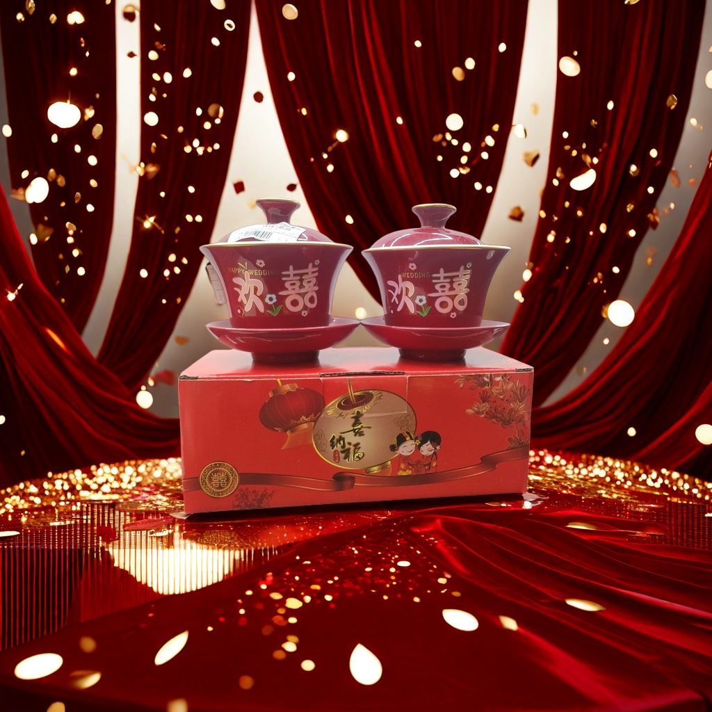 The red festive tea set in the Xinafu gift box includes double covered bowls with trays and traditional wedding patterns Specification image