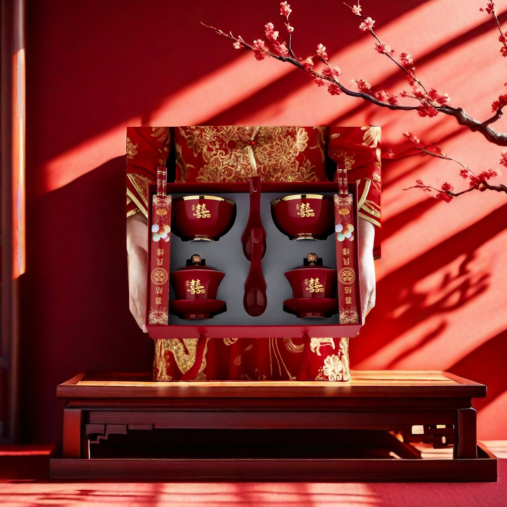 Red wedding tableware set, festive Chinese wedding supplies including bowls, chopsticks, plates, cups and spoons details Picture