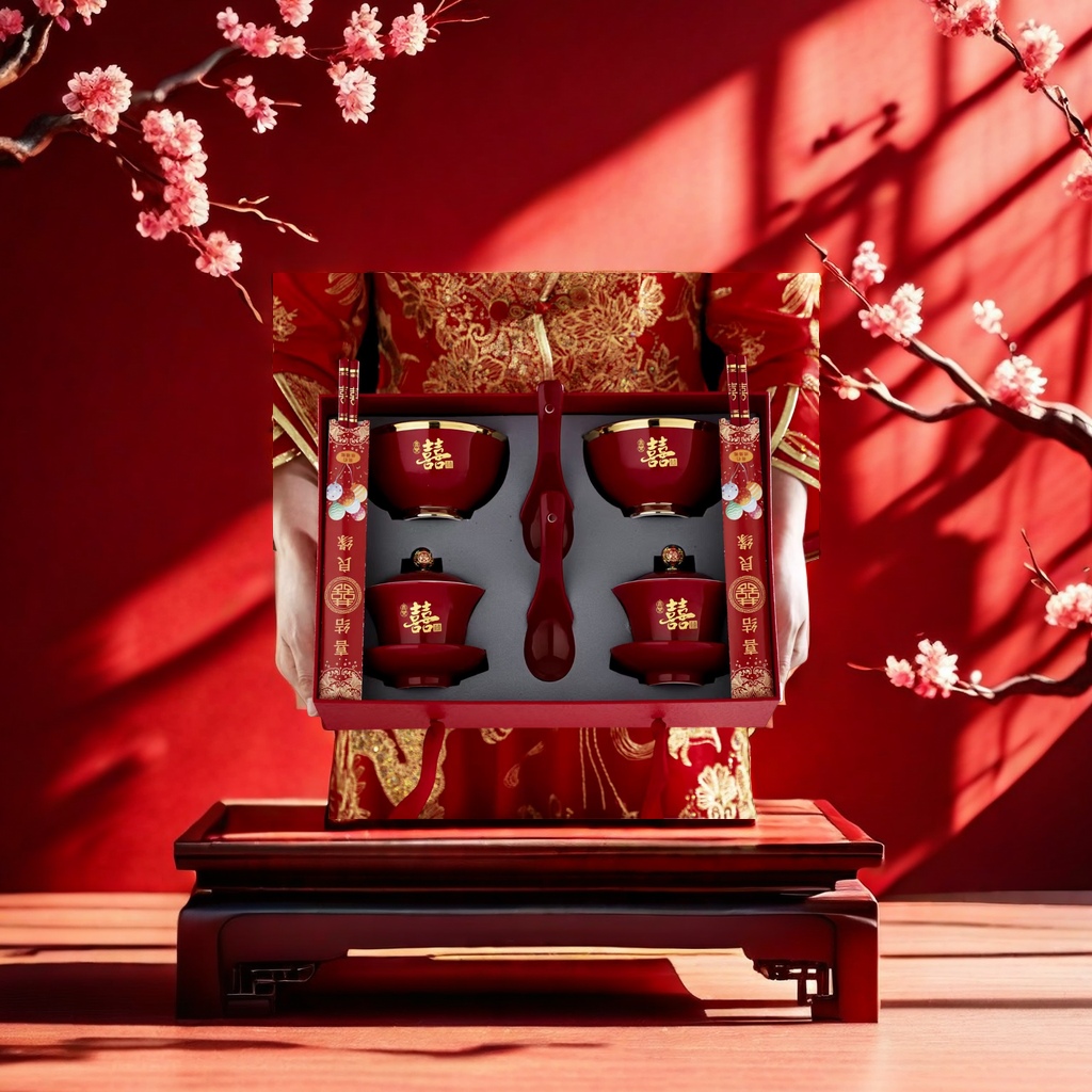 Red wedding tableware set, festive Chinese wedding supplies including bowls, chopsticks, plates, cups and spoons