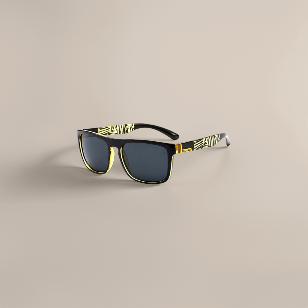 Zebra-patterned sunglasses with black borders and yellow trim