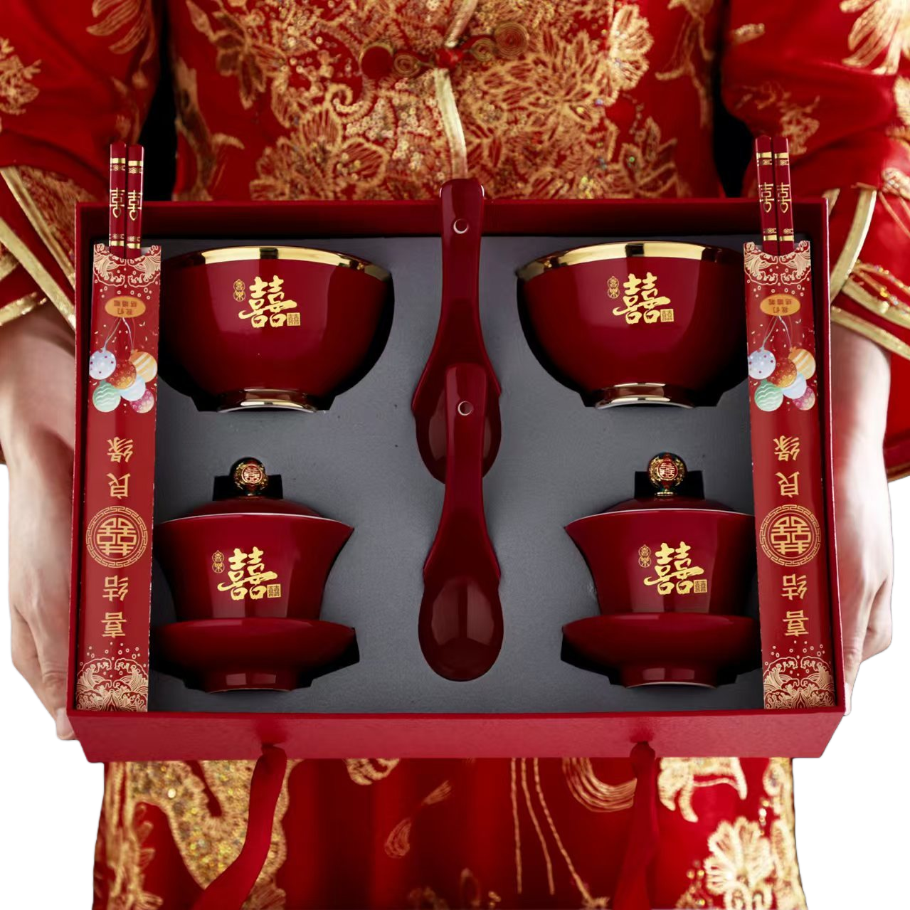 Red wedding tableware set, festive Chinese wedding supplies including bowls, chopsticks, plates, cups and spoons Item Picture