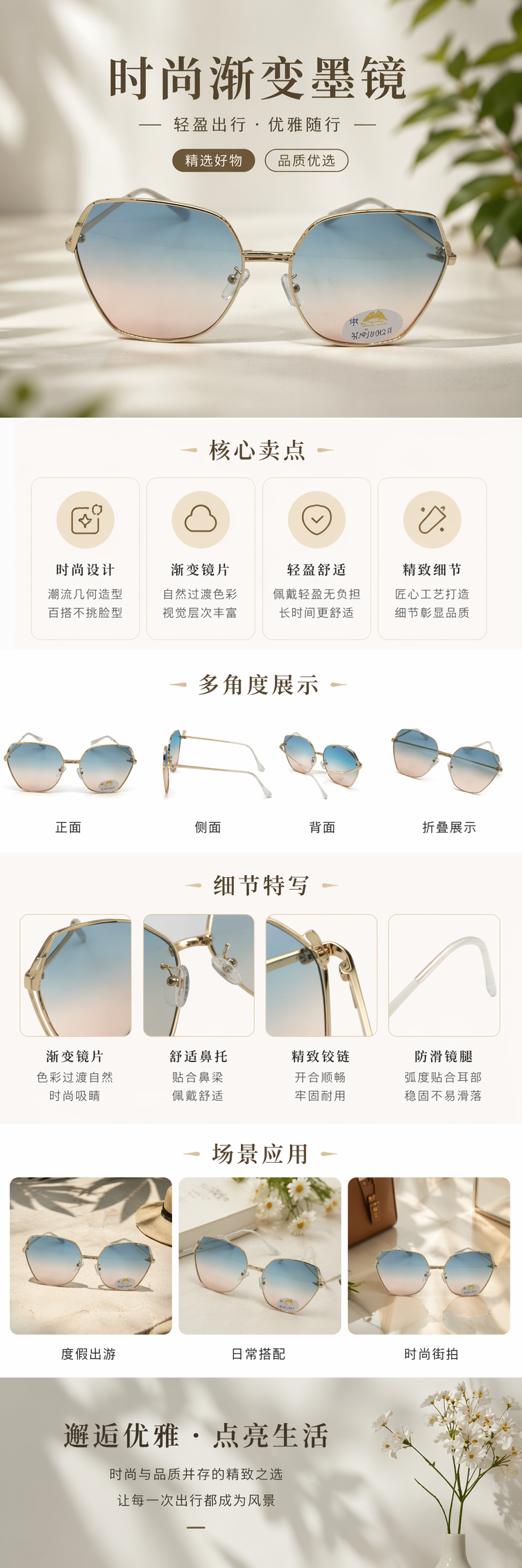 金色边框渐变镜片太阳镜 金属轻量设计 户外防眩光 pic 1