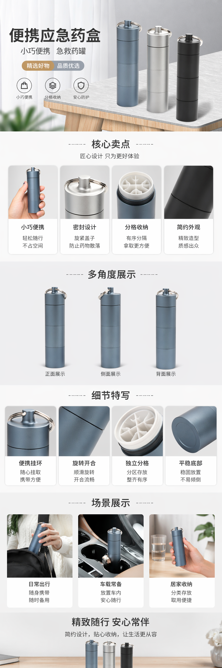 三色便携应急药盒PP材质防尘旅行分装药箱详情1