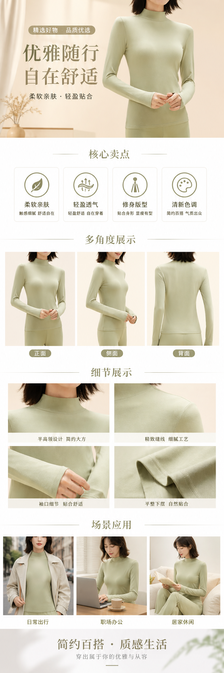 浅绿色高领长袖上衣 女秋冬纯棉修身打底衫详情1