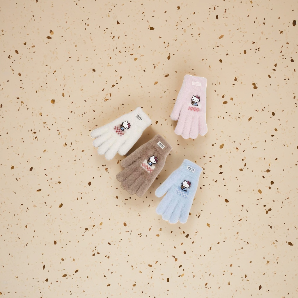 毛绒手套，Hello Kitty图案，粉色、白色、棕色、蓝色四色，触屏防寒保暖舒适细节图