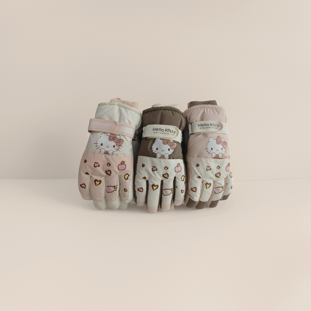 Three pairs of pink and beige patchwork Hello Kitty children's warm gloves, officially authorized by Hello Kitty Specification image
