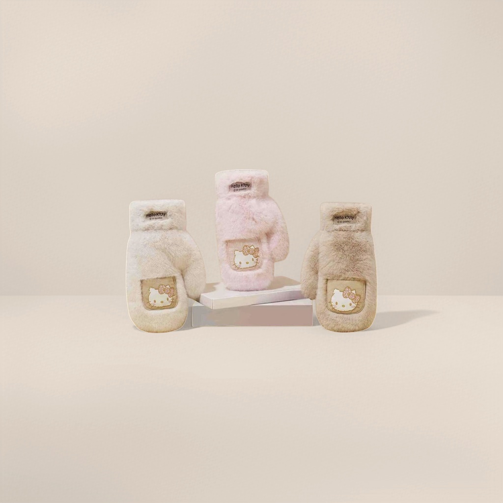 Pink plush gloves with Hello Kitty embroidered pocket labels are displayed from three angles Specification image