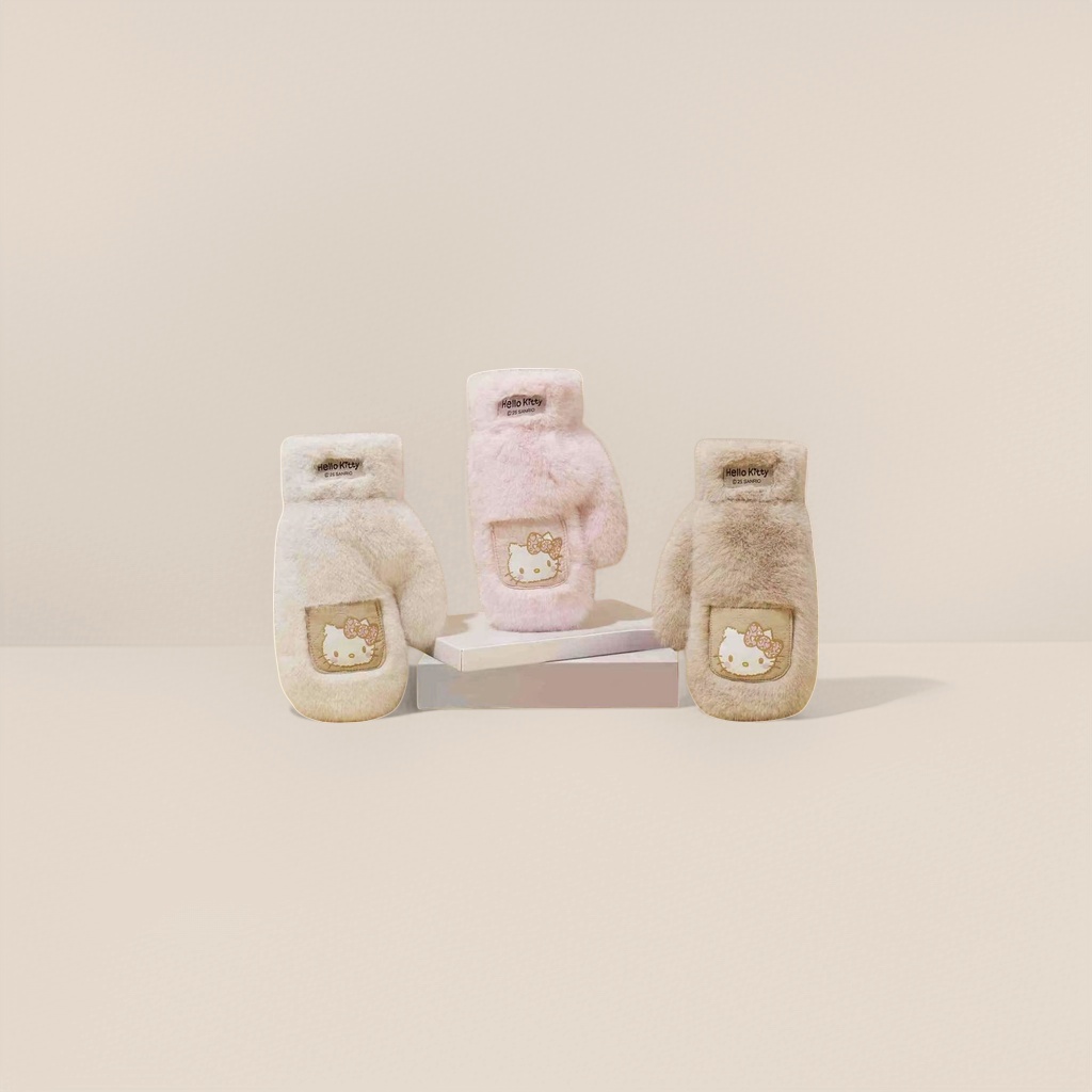 Pink plush gloves with Hello Kitty embroidered pocket labels are displayed from three angles details Picture