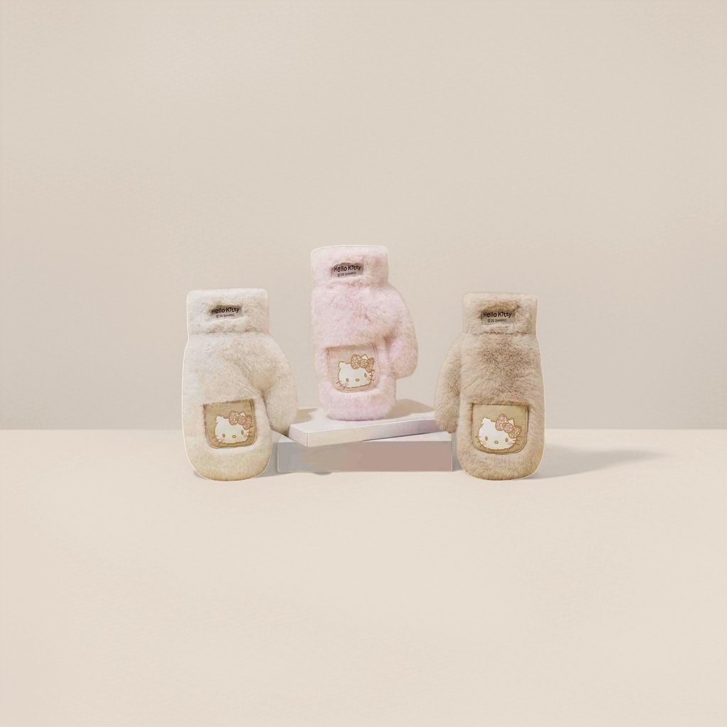 Pink plush gloves with Hello Kitty embroidered pocket labels are displayed from three angles Application Scenario