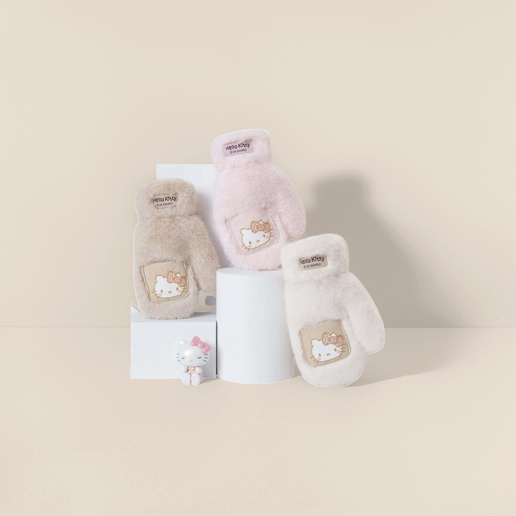 Hello Kitty embroidered pocket, pink, beige, white plush gloves with brand label small ornaments details Picture