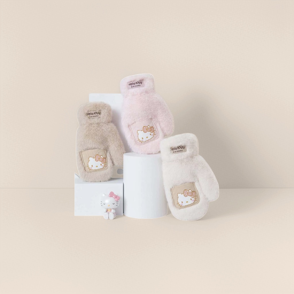Hello Kitty刺绣口袋粉色米色白色毛绒手套带品牌标签小摆件