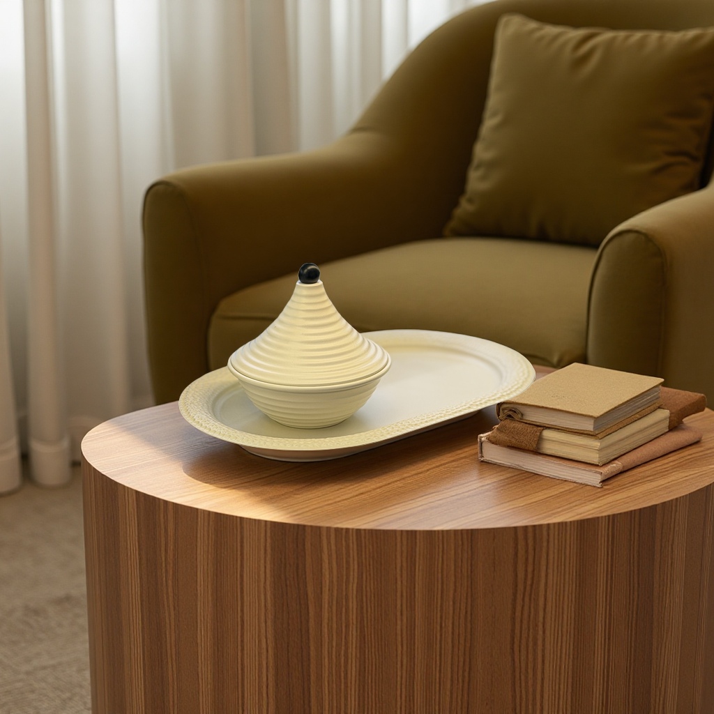 SANCAI golden Arabic decorative plaque paired with a white circular tray plate Application Scenario
