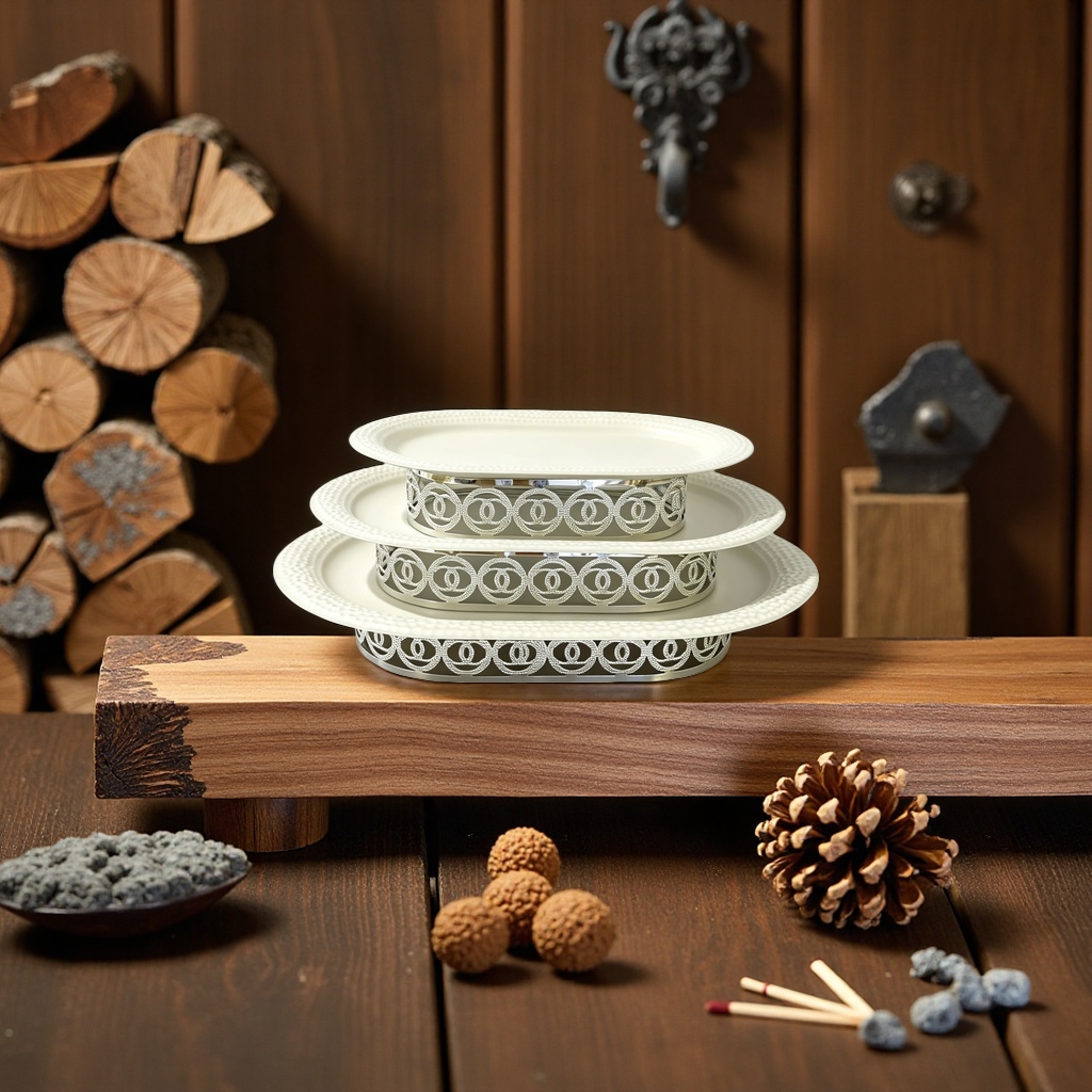 SANCAI white oval stacked tray, silver double C logo decorated tray Application Scenario