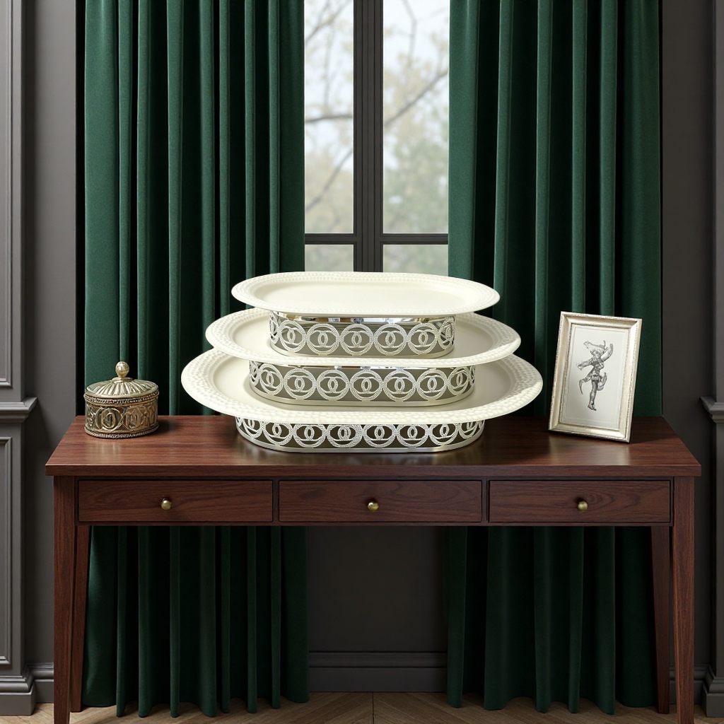 SANCAI white oval stacked tray, silver double C logo decorated tray Specification image