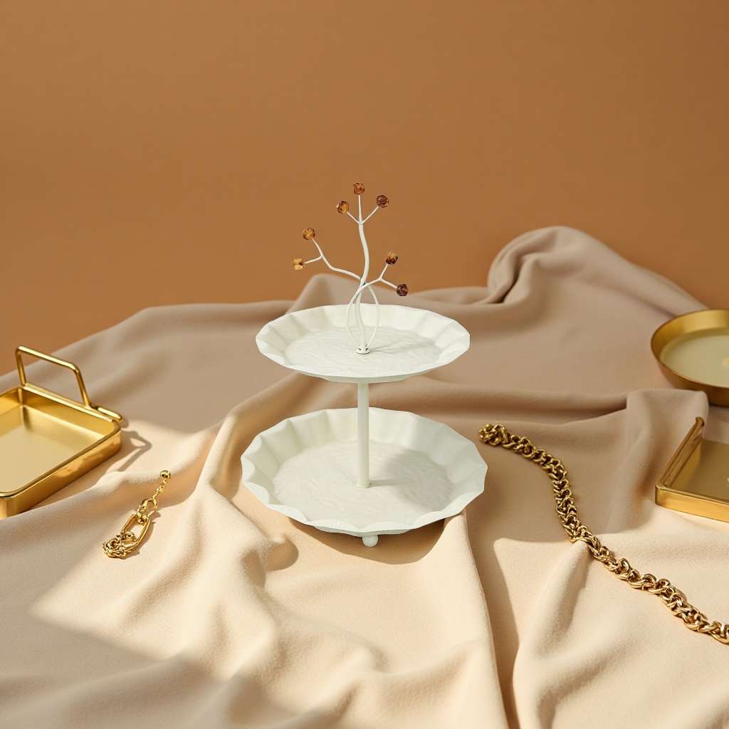 The SANCAI white double-layer tray rack is decorated with amber cubic ornaments on top of branches details Picture