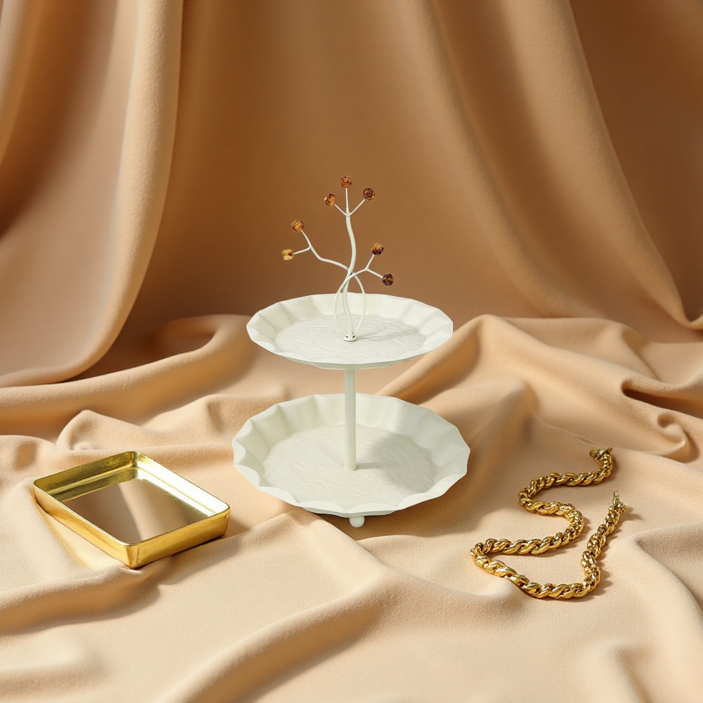 The SANCAI white double-layer tray rack is decorated with amber cubic ornaments on top of branches