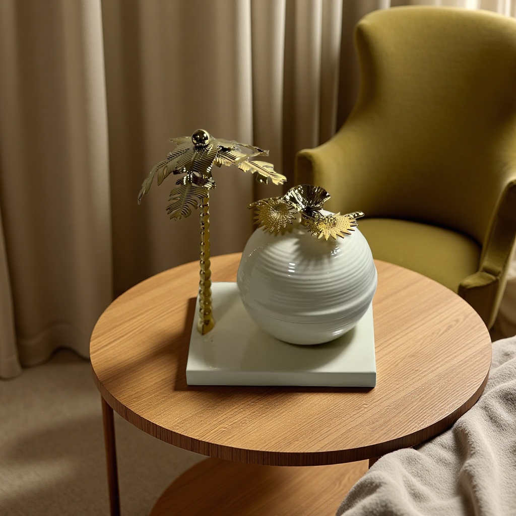 SANCAI golden palm tree decorative item with white spherical base for home living room table decoration details Picture