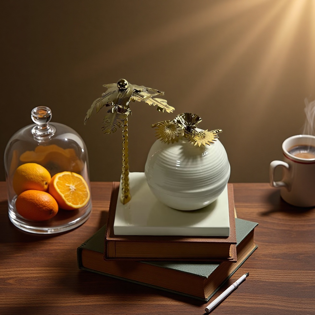 SANCAI golden palm tree decorative item with white spherical base for home living room table decoration