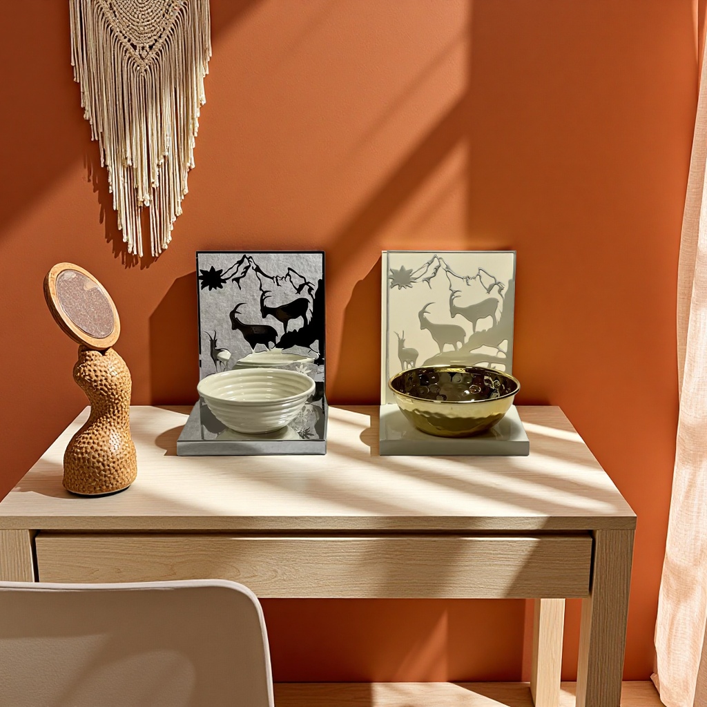 SANCAI black and white silhouette goat decorative piece with white bowl and gold bowl