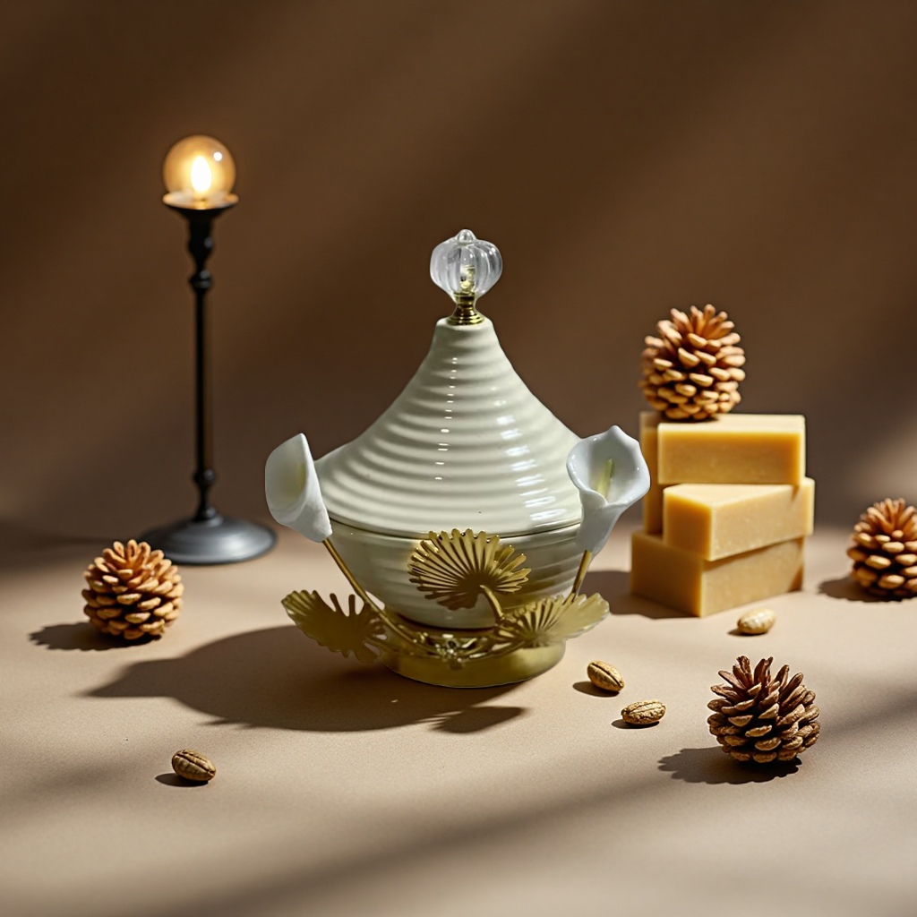 SANCAI beige striped ceramic lid jar with golden metal base leaves decorated with white calla lily crystal top beads Specification image