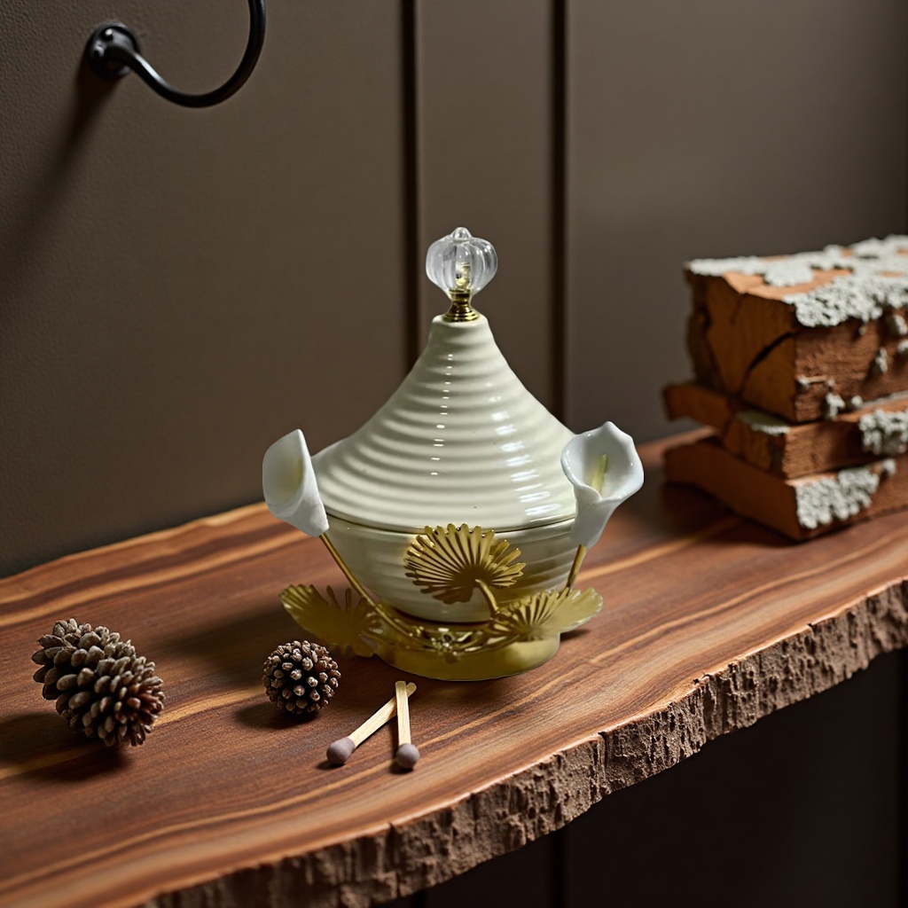 SANCAI beige striped ceramic lid jar with golden metal base leaves decorated with white calla lily crystal top beads details Picture