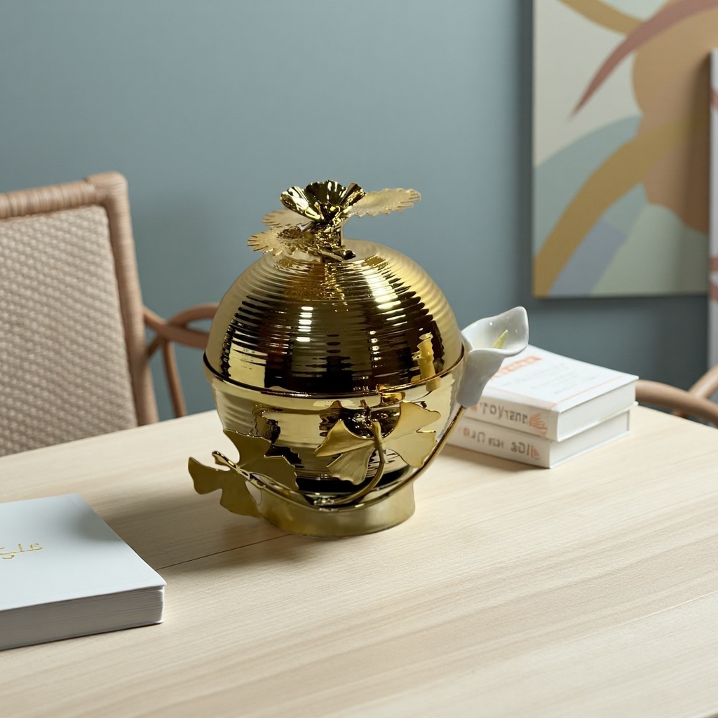 SANCAI golden spherical decorative item, ginkgo leaf and white flower creative home living room table decoration Specification image