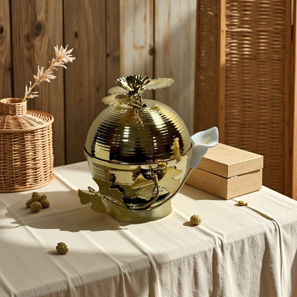 SANCAI golden spherical decorative item, ginkgo leaf and white flower creative home living room table decoration details Picture