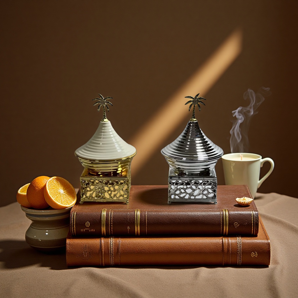 SANCAI incense burner with a golden and silver palm tree top decoration and a hollowed-out base