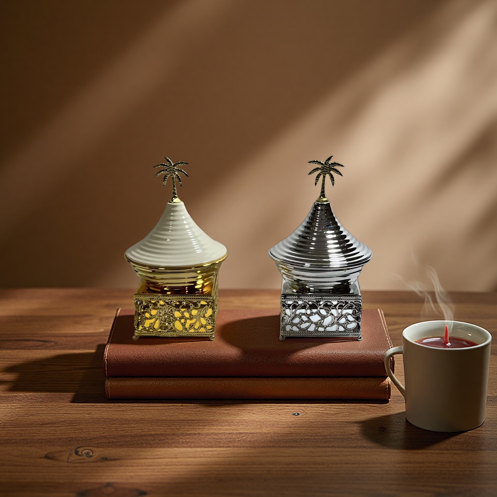 SANCAI incense burner with a golden and silver palm tree top decoration and a hollowed-out base details Picture
