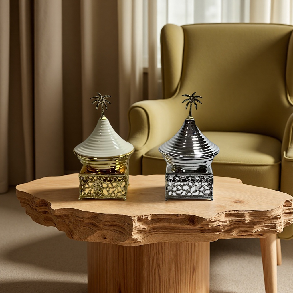 SANCAI incense burner with a golden and silver palm tree top decoration and a hollowed-out base Specification image