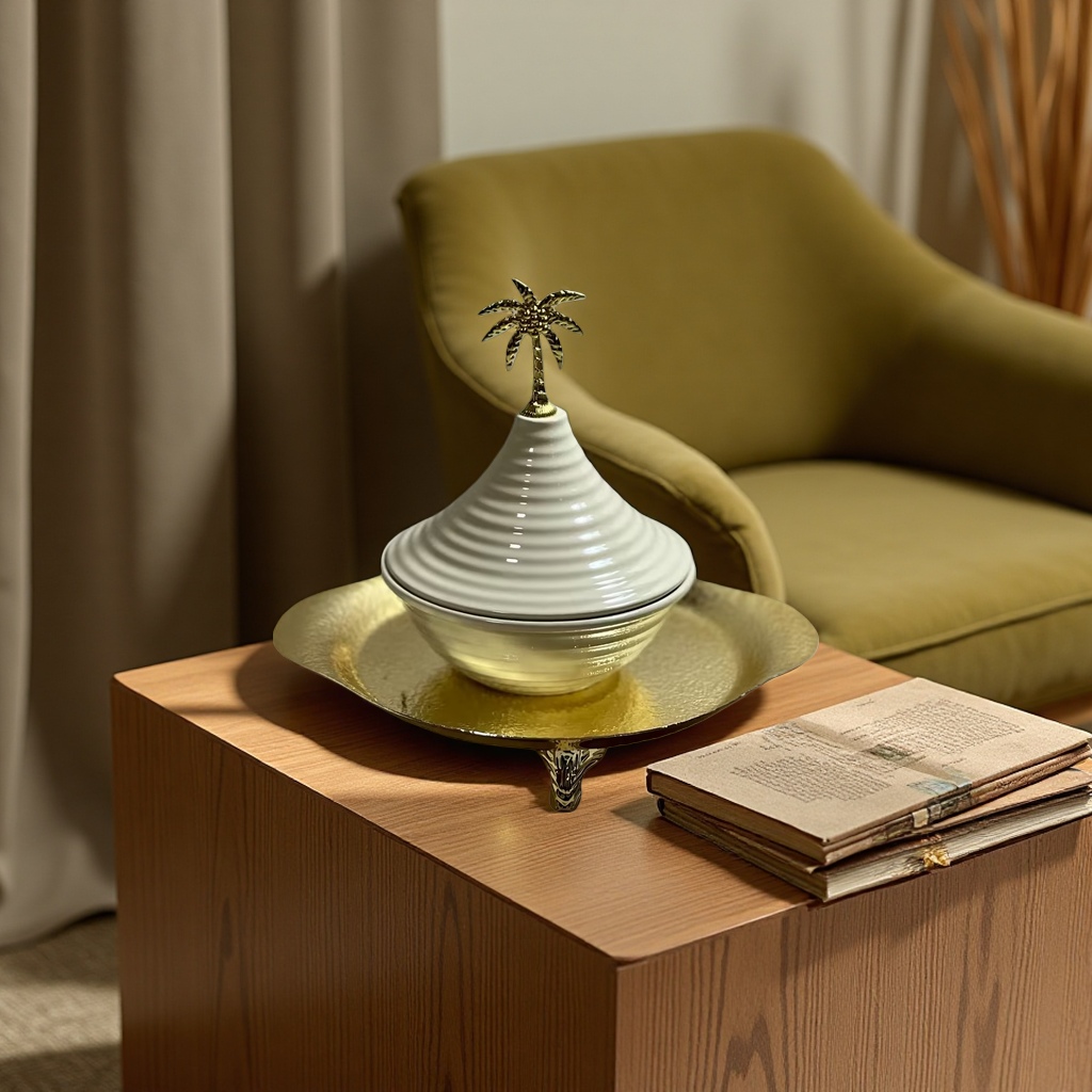 SANCAI white and gold palm tree-topped ceramic bowl with a gold tray Specification image