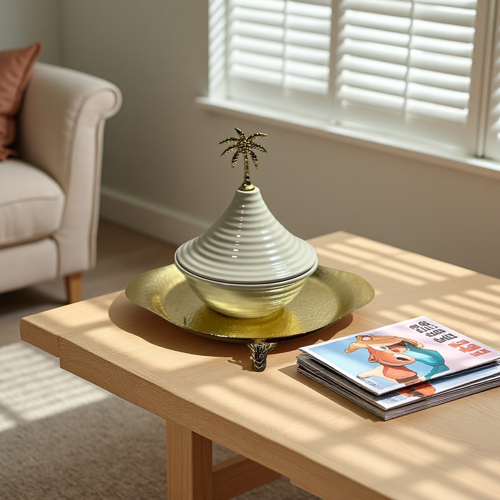 SANCAI white and gold palm tree-topped ceramic bowl with a gold tray details Picture