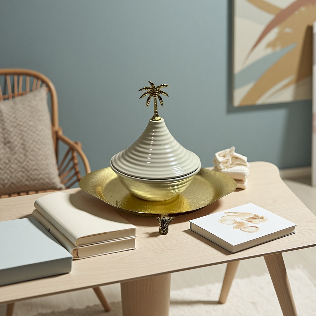 SANCAI white and gold palm tree-topped ceramic bowl with a gold tray