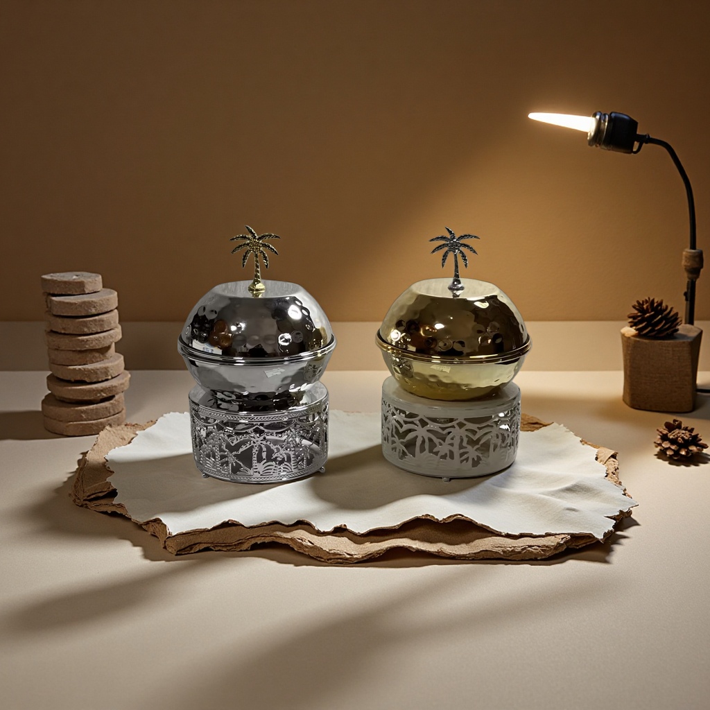 SANCAI silver and gold palm tree round covered container with hollowed-out palm base