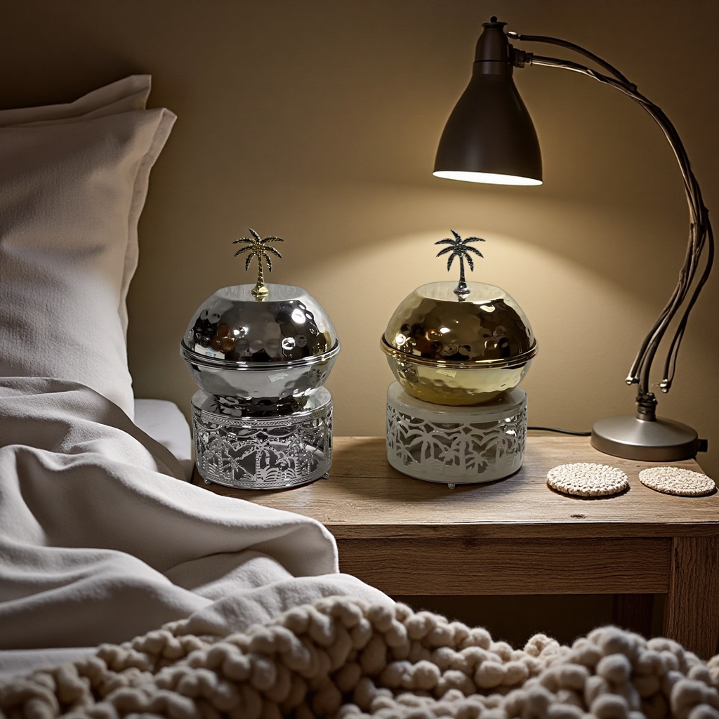 SANCAI silver and gold palm tree round covered container with hollowed-out palm base Specification image