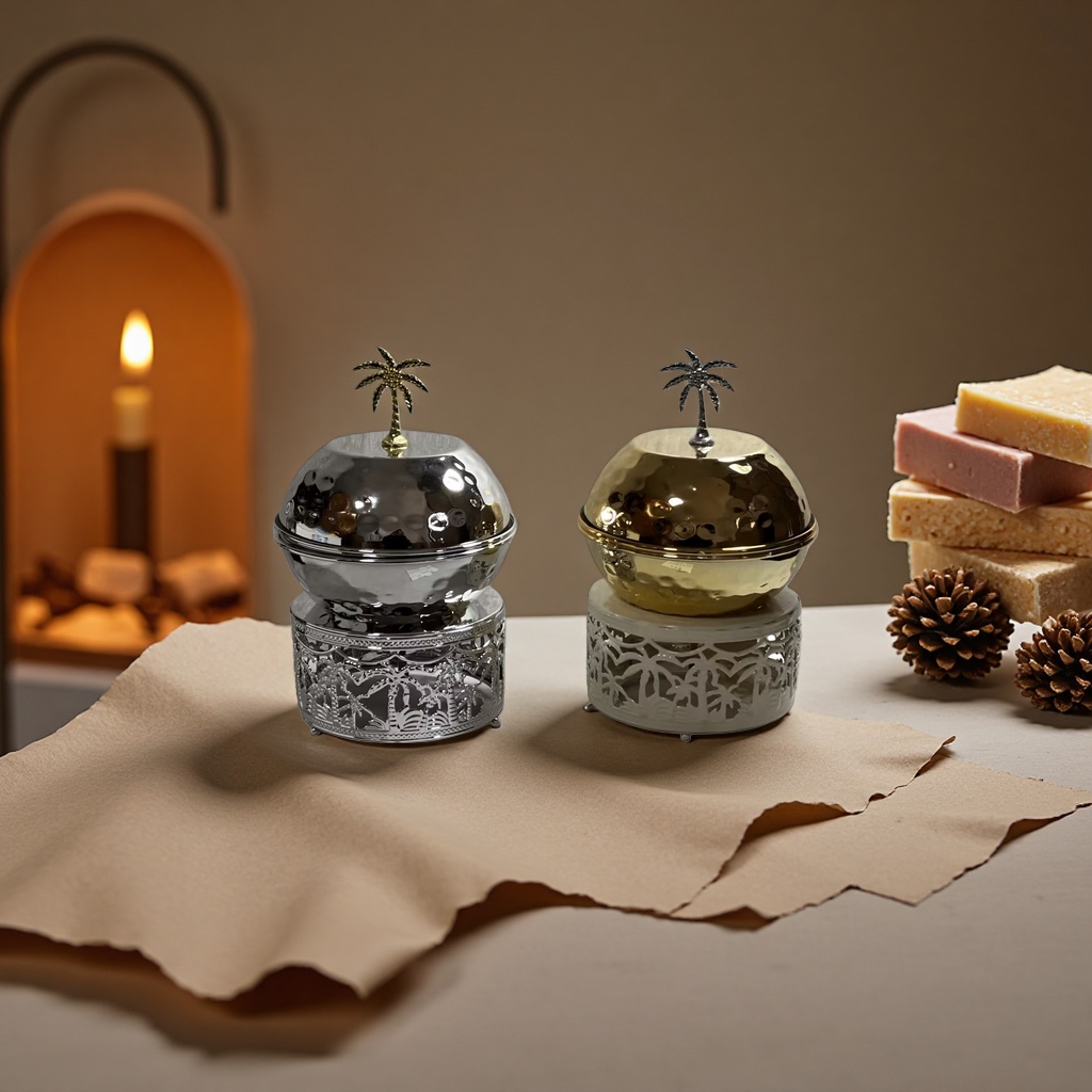 SANCAI silver and gold palm tree round covered container with hollowed-out palm base details Picture