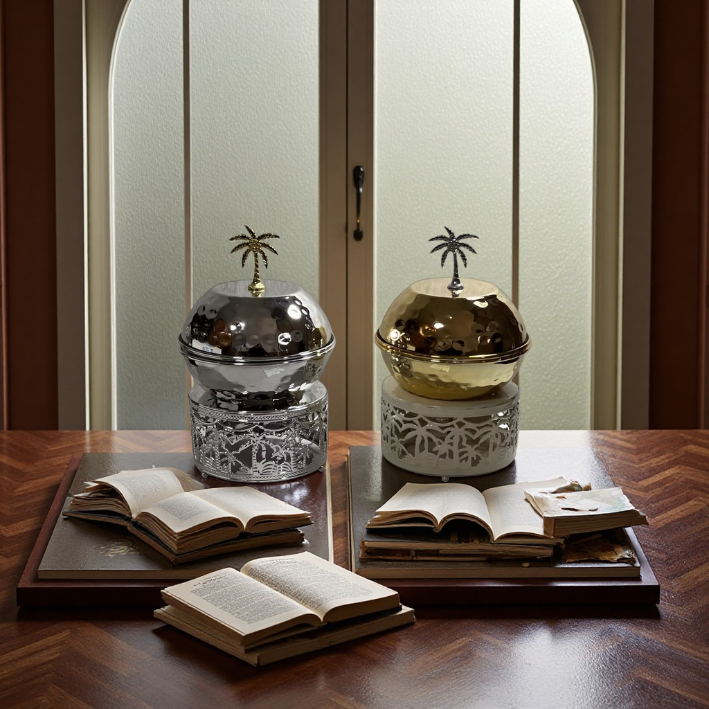 SANCAI silver and gold palm tree round covered container with hollowed-out palm base Application Scenario