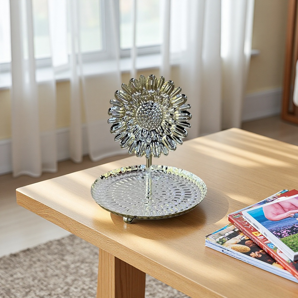 SANCAI银色向日葵造型金属托盘 花瓣层叠颗粒纹理镂空底座木质桌面适用