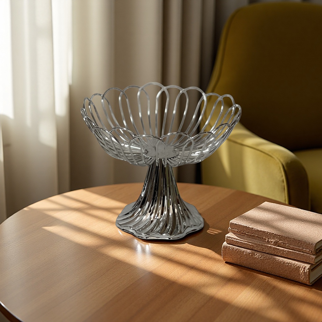 SANCAI Silver lace high-legged fruit plate, home living room fruit plate, metal creative presentation details Picture