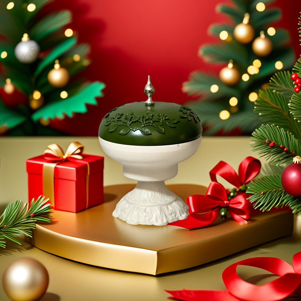 SANCAI is a decorative vessel with a green lid, white base and silver top decoration