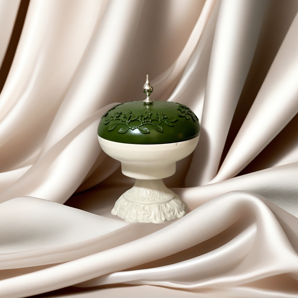SANCAI is a decorative vessel with a green lid, white base and silver top decoration details Picture