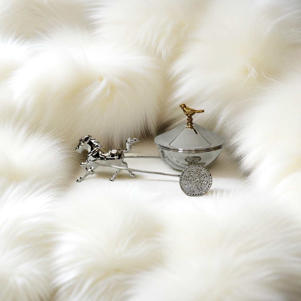 SANCAI silver carriage ornament with a horse pulling a cart and a golden bird top decoration