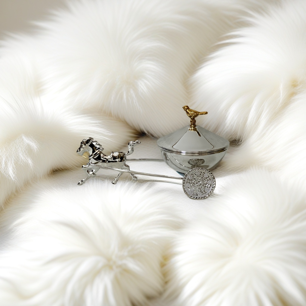 SANCAI silver carriage ornament with a horse pulling a cart and a golden bird top decoration details Picture