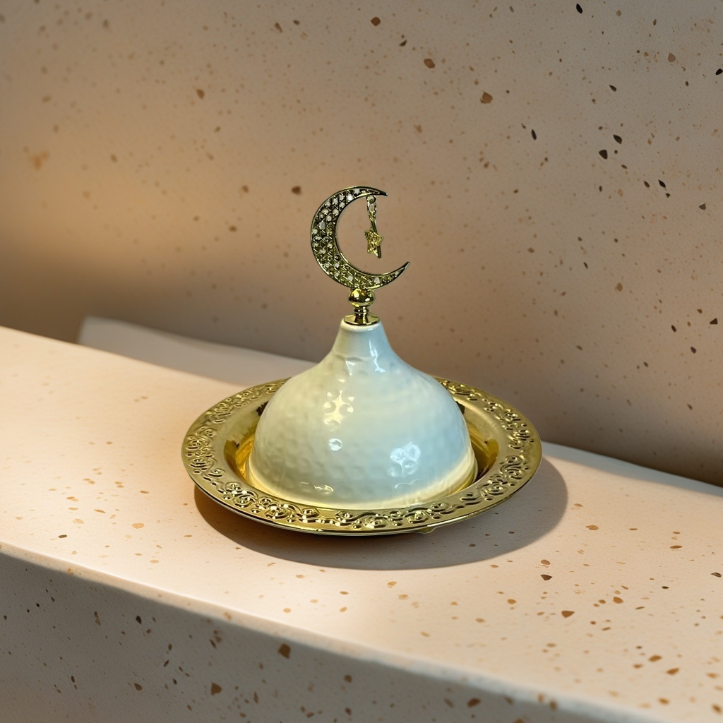 SANCAI金色托盘配白色锤纹盖碗 镶钻新月星星装饰 Specification image