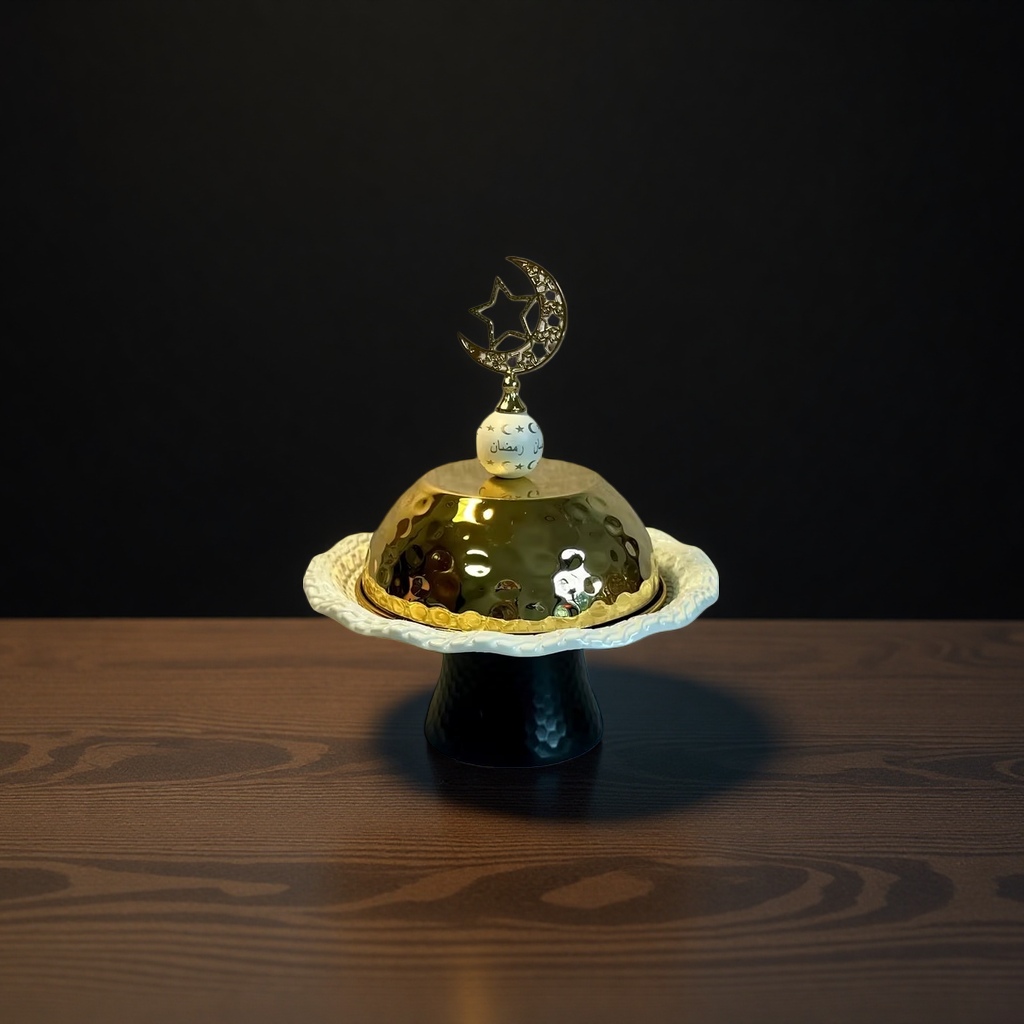 SANCAI golden hammer-patterned covered bowl with moon and star decorated white glazed wavy edge tray and black hammer-patterned base details Picture