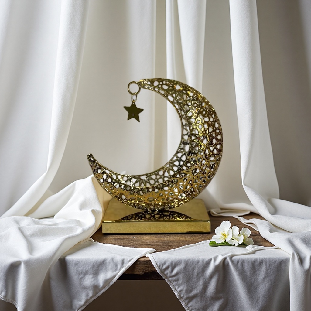 SANCAI's golden hollowed-out crescent-shaped ornaments are decorated with five-pointed stars