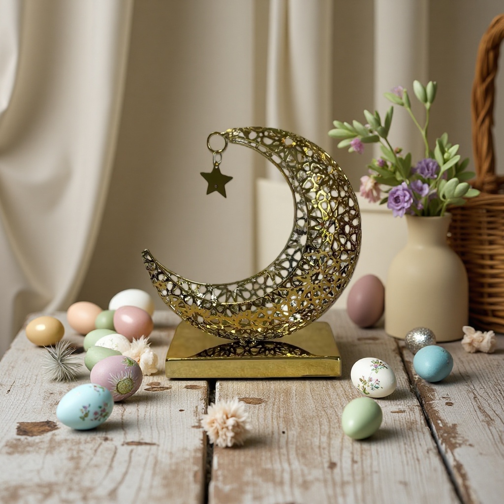 SANCAI's golden hollowed-out crescent-shaped ornaments are decorated with five-pointed stars details Picture