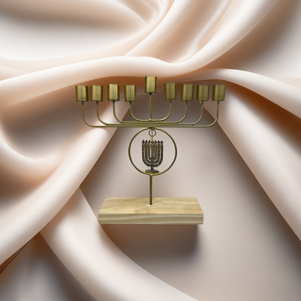 A golden nine-branch candlestick with a wooden base for hanging Jewish menorah ornaments Specification image