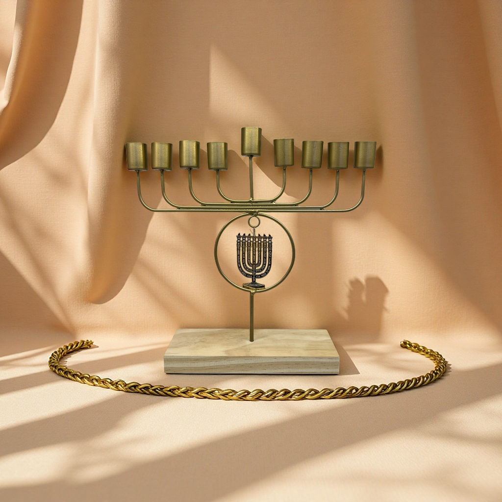 A golden nine-branch candlestick with a wooden base for hanging Jewish menorah ornaments