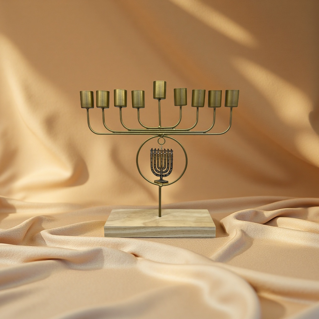 A golden nine-branch candlestick with a wooden base for hanging Jewish menorah ornaments details Picture